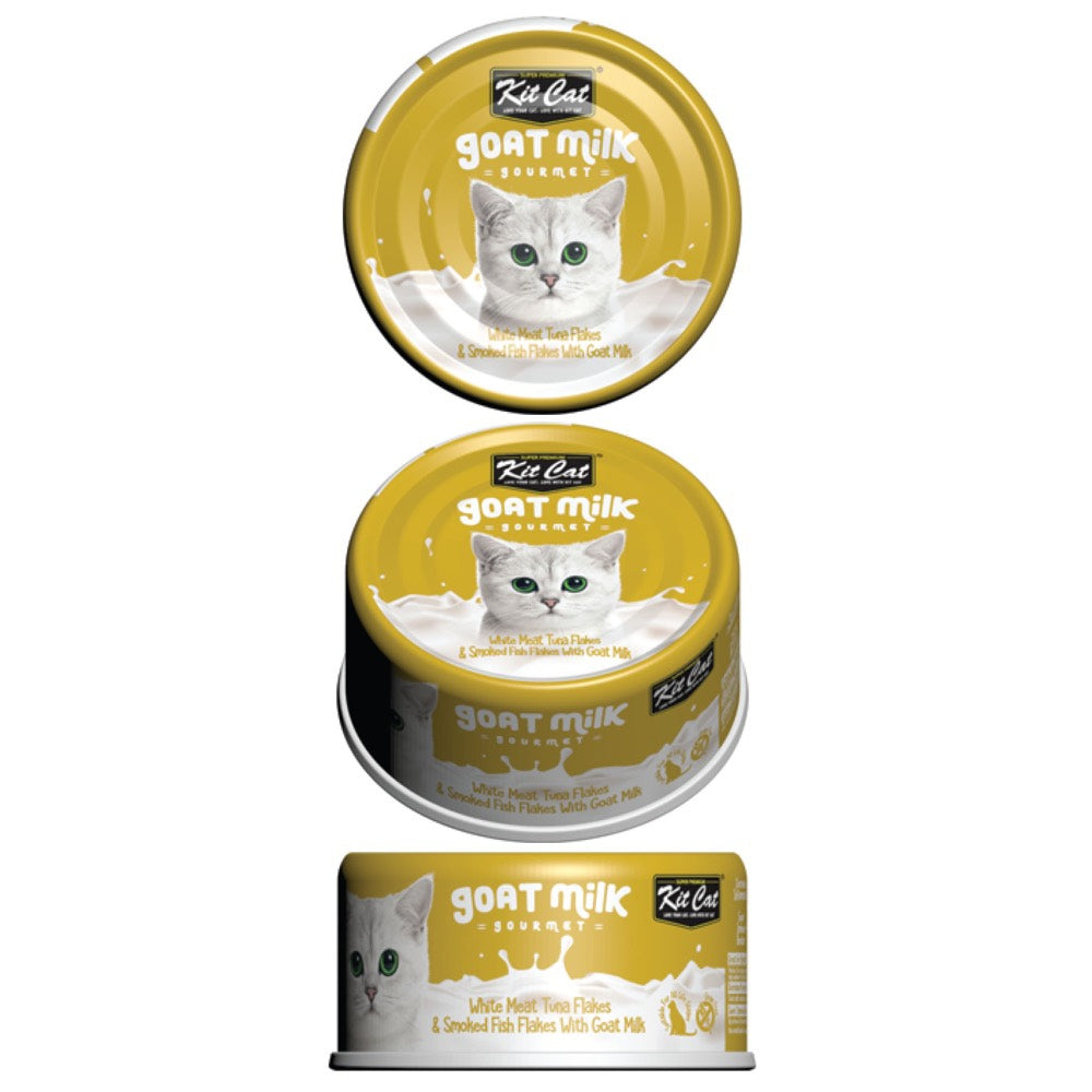Kit Cat Goat Milk Gourmet White Meat Tuna Flakes & Smoked Fish Flakes Canned Cat Food 70g - Kohepets