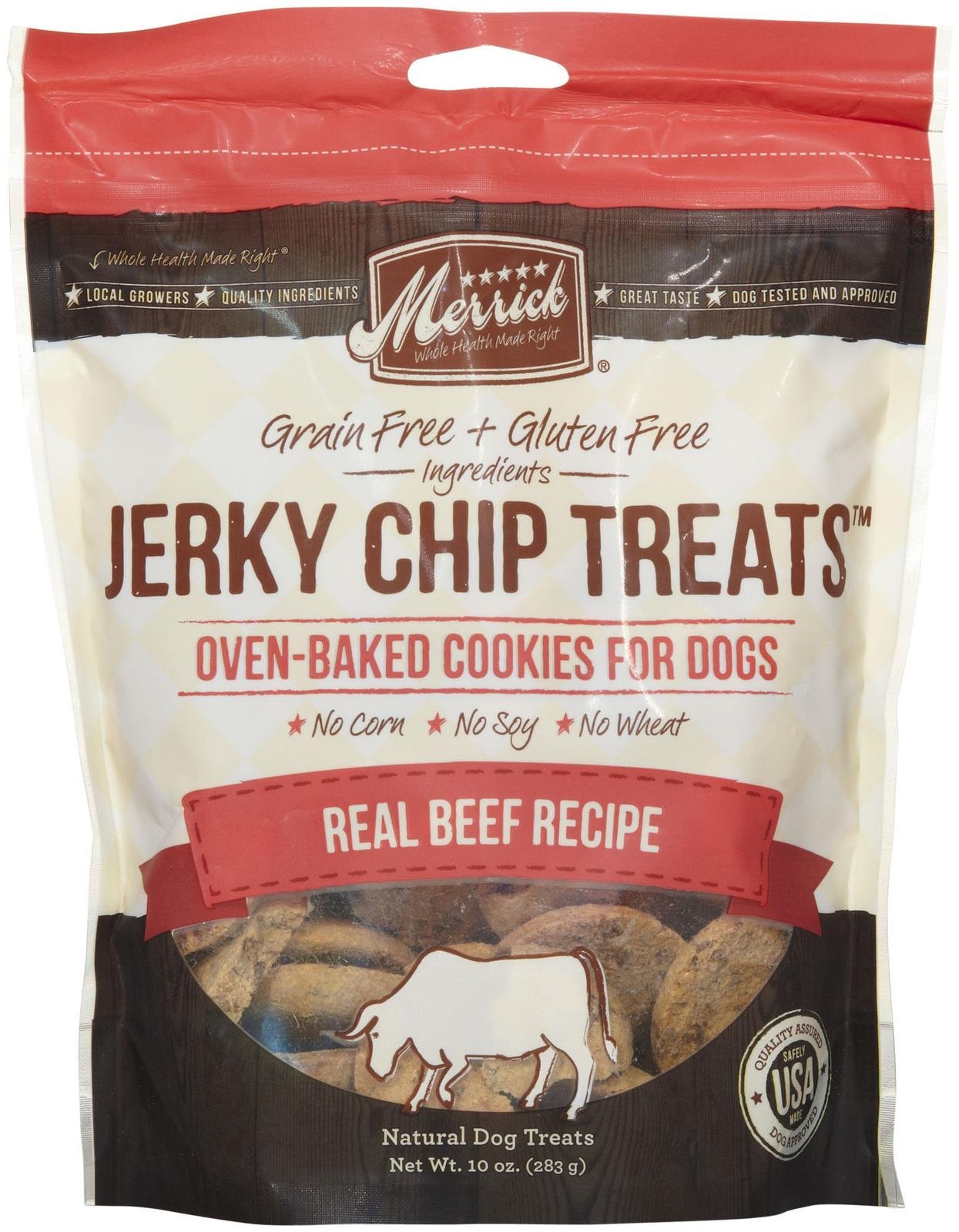 Merrick Jerky Chip Treats Grain-Free Oven-Baked Real Beef Recipe Dog Cookies 10oz - Kohepets
