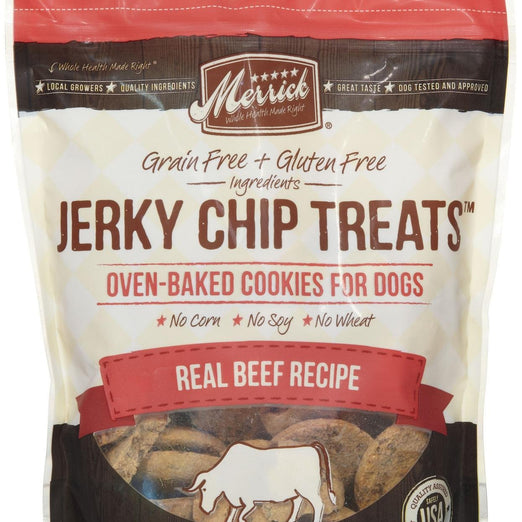 Merrick Jerky Chip Treats Grain-Free Oven-Baked Real Beef Recipe Dog Cookies 10oz - Kohepets