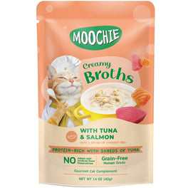 20% OFF: Moochie Creamy Broths With Tuna & Salmon Grain-Free Pouch Cat Food 40g x 16
