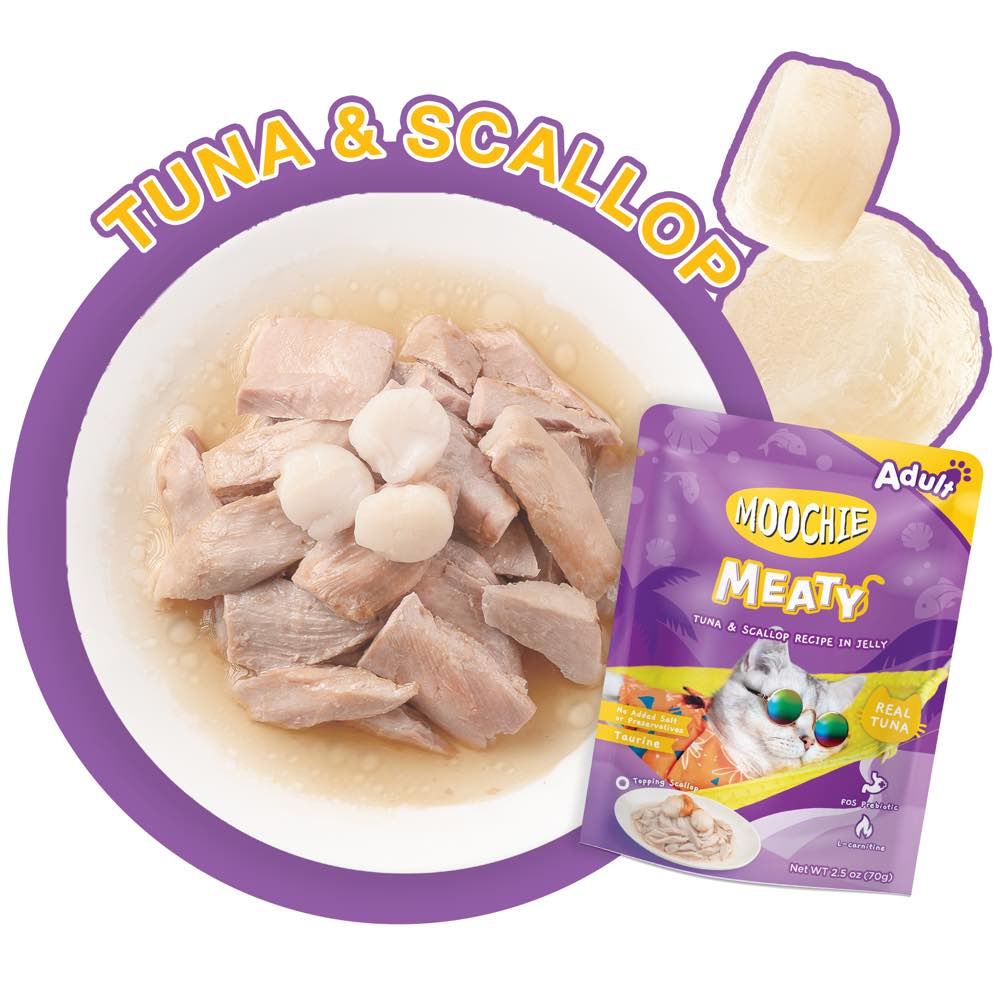 24% OFF: Moochie Meaty Tuna & Scallop Recipe In Jelly Adult Pouch Cat Food 70g x 12