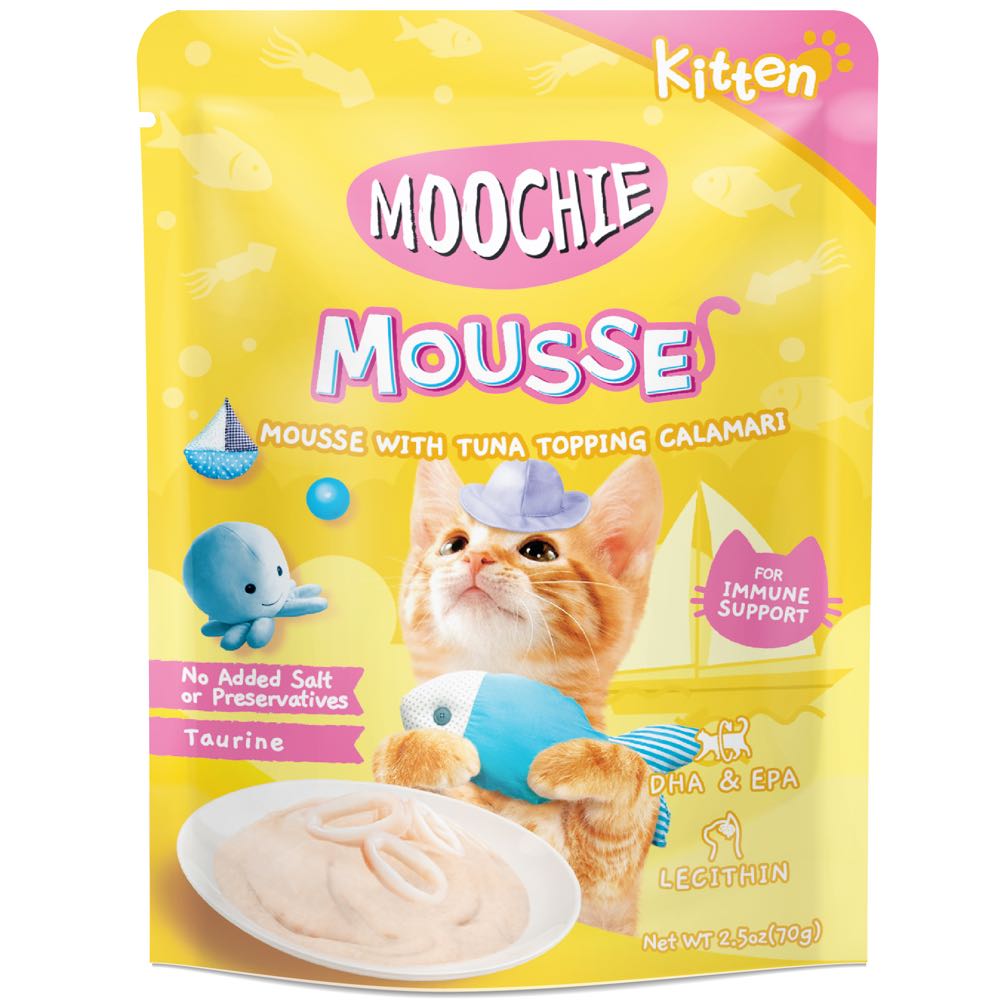 20% OFF: Moochie Mousse With Tuna Topping Calamari Kitten Pouch Cat Food 70g x 12