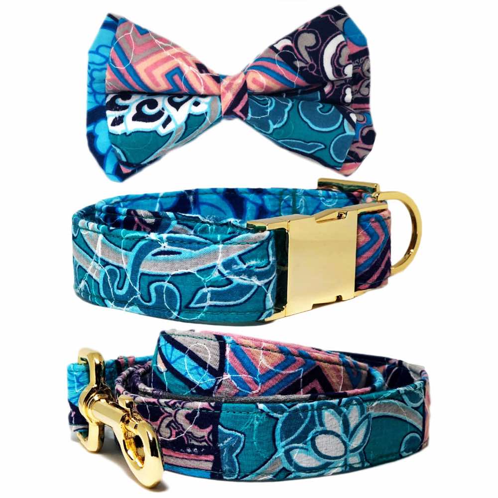 Pattefrenz Japanese Blue Wave Gold Dog Collar, Leash & Bowtie Set (Medium) - Kohepets