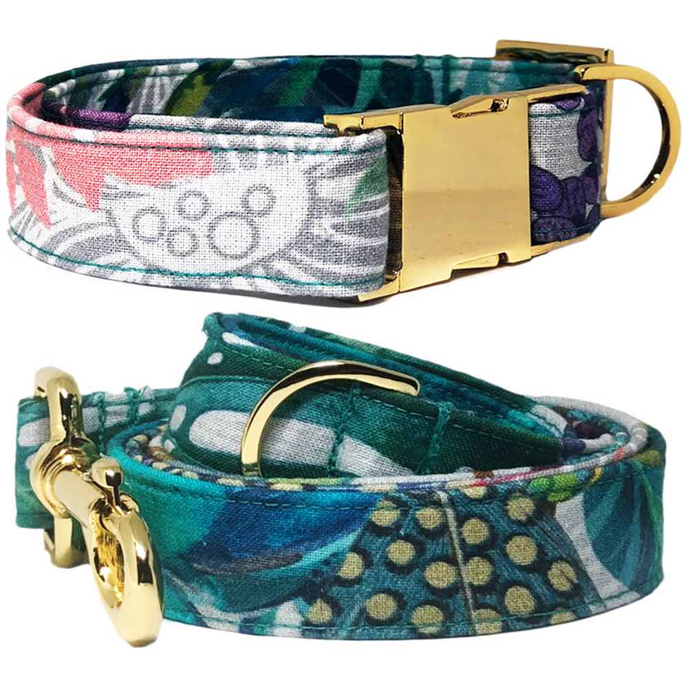 Pattefrenz Peacock Blue Gold Dog Collar & Leash Set (Medium) - Kohepets