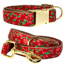 Pattefrenz Red Floral Gold Dog Collar & Leash Set (Medium)