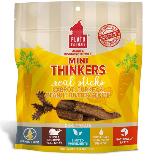 Plato Mini Thinkers Carrot, Turkey & Peanut Butter Grain-Free Dog Treats 3oz - Kohepets