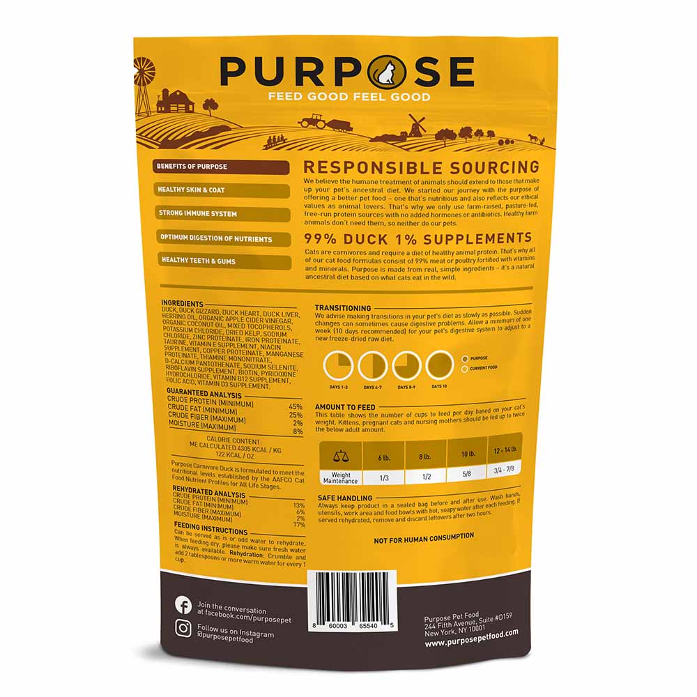 Purpose Carnivore Duck Grain-Free Freeze-Dried Cat Food 9oz