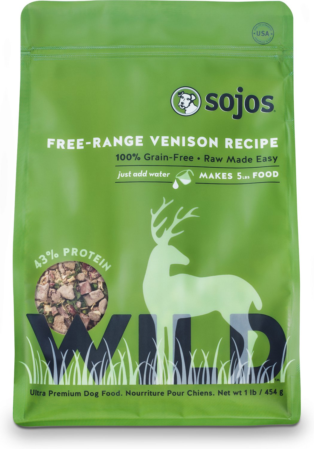 Sojos Wild Free-Range Venison Recipe Raw Dehydrated Dog Food 1lb - Kohepets