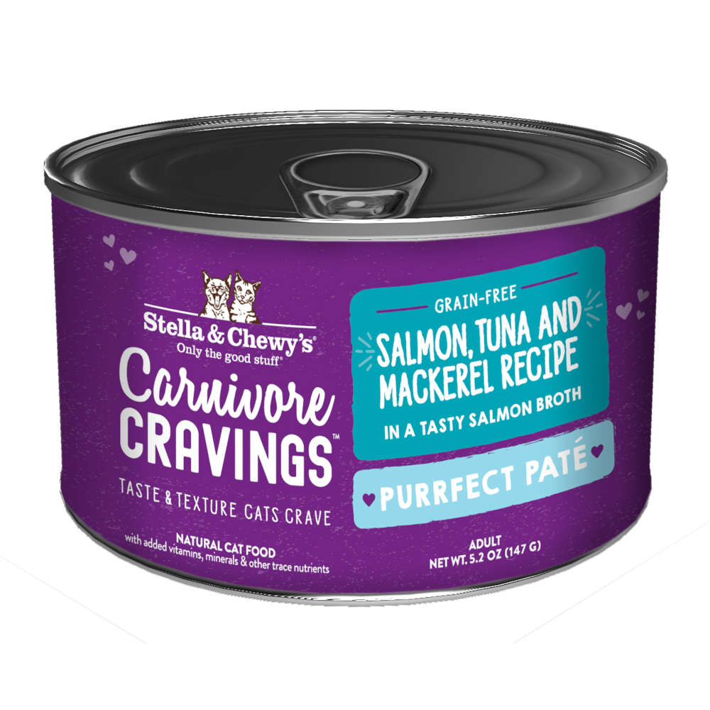 Stella & Chewy's Carnivore Cravings Purrfect Pate Salmon, Tuna & Mackerel in Broth Grain-Free Canned Cat Food 5.2oz