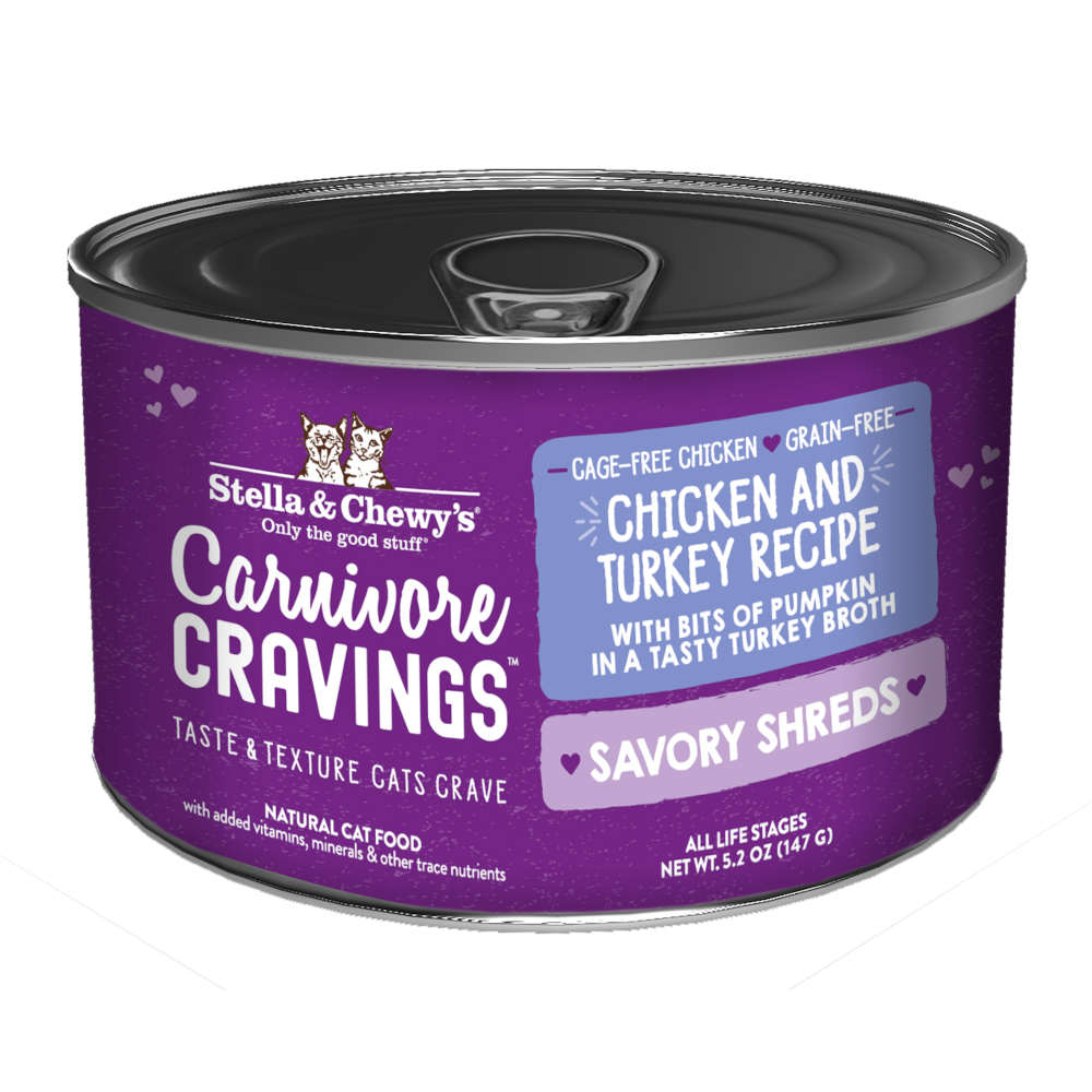 Stella & Chewy's Carnivore Cravings Savory Shreds Chicken & Turkey in Broth Grain-Free Canned Cat Food 5.2oz