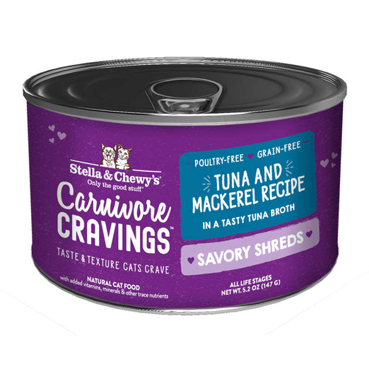 3 FOR $14.40: Stella & Chewy's Carnivore Cravings Savory Shreds Tuna & Mackerel in Broth Grain-Free Canned Cat Food 5.2oz