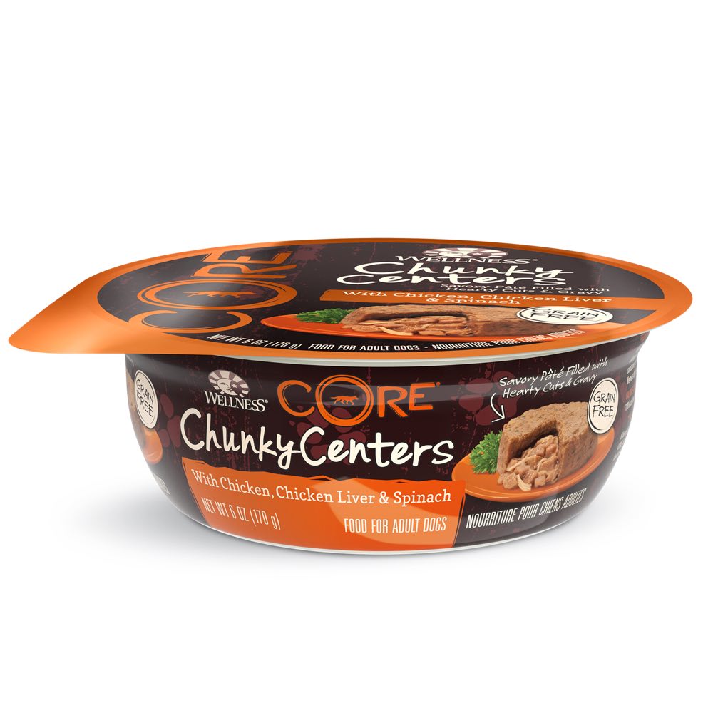 BUY 3 GET 1 FREE: Wellness CORE Chunky Centers Chicken, Chicken Liver & Spinach Wet Dog Food 6oz - Kohepets