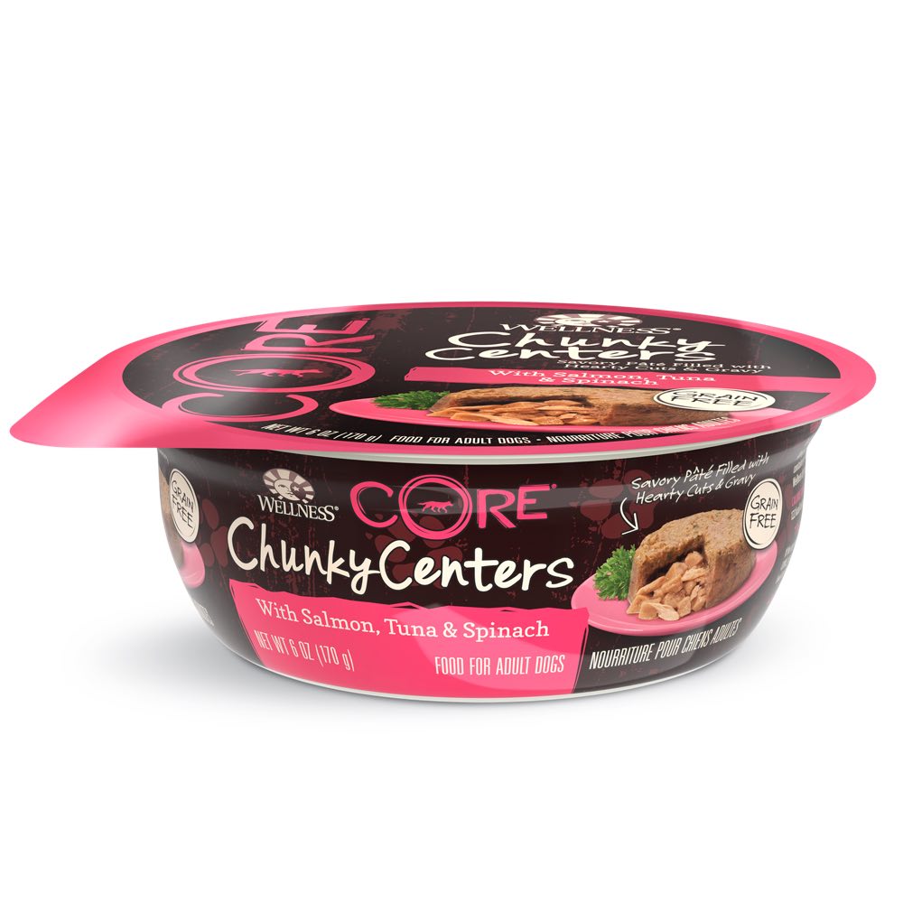 BUY 3 GET 1 FREE: Wellness CORE Chunky Centers Salmon, Tuna & Spinach Wet Dog Food 6oz - Kohepets