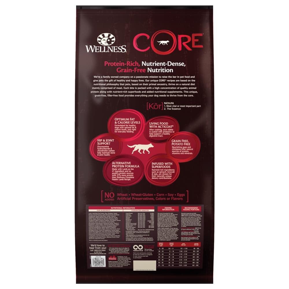 'FREE Treats w 22lb': Wellness CORE Grain-Free Lamb & Lamb Meal Recipe Dry Dog Food - Kohepets