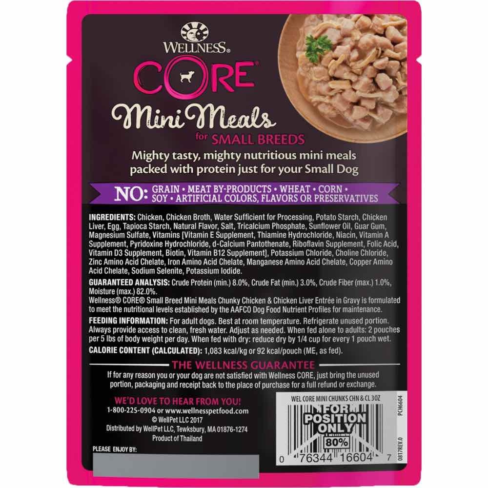 10% OFF: Wellness CORE Mini Meals Chunky Chicken & Chicken Liver Entrée In Gravy Pouch Dog Food 3oz - Kohepets