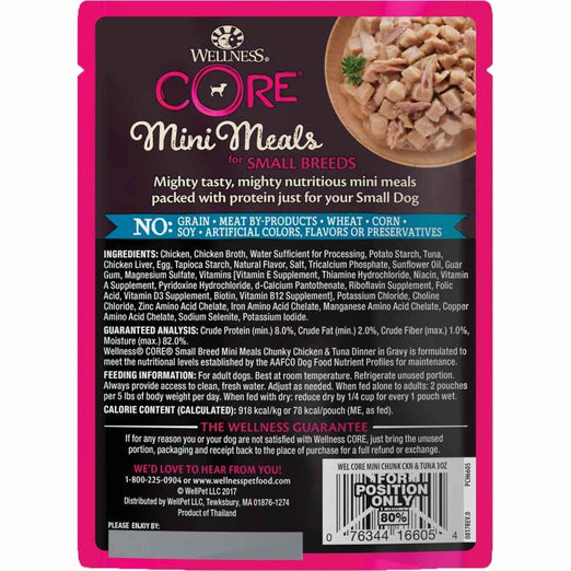 10% OFF: Wellness CORE Mini Meals Chunky Chicken & Tuna Dinner In Gravy Pouch Dog Food 3oz - Kohepets