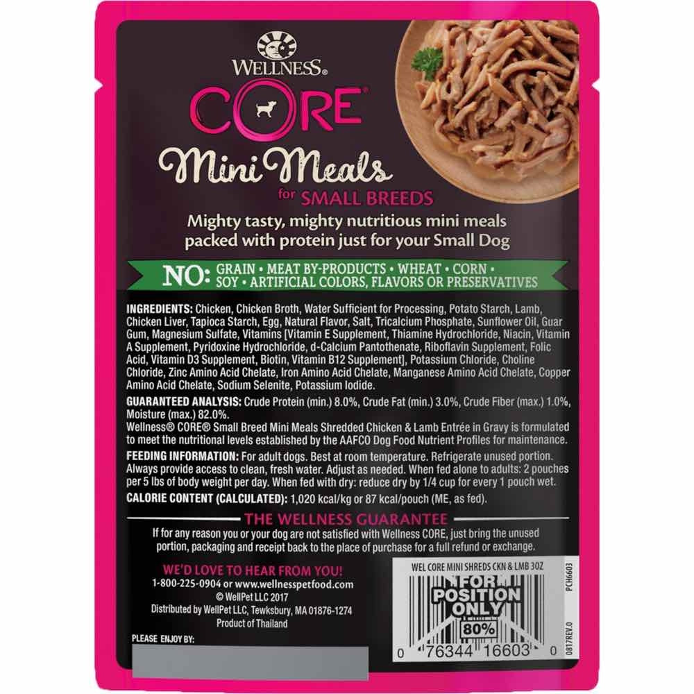 10% OFF: Wellness CORE Mini Meals Shredded Chicken & Lamb Entrée In Gravy Pouch Dog Food 3oz - Kohepets