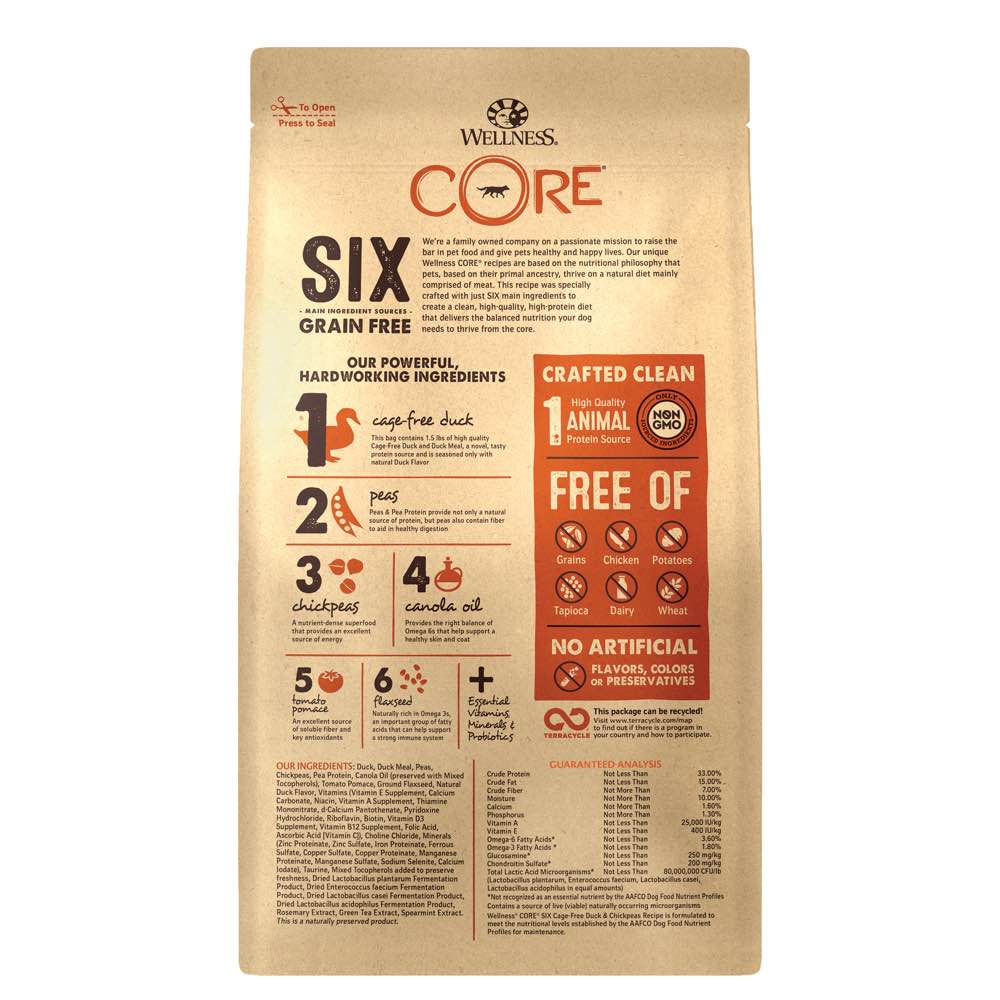Wellness Core Six Cage-Free Duck & Chickpeas Grain Free Dry Dog Food - Kohepets