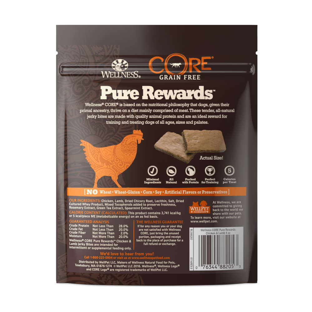 Wellness Core Pure Rewards Chicken & Lamb Jerky Grain Free Dog Treats 4oz - Kohepets