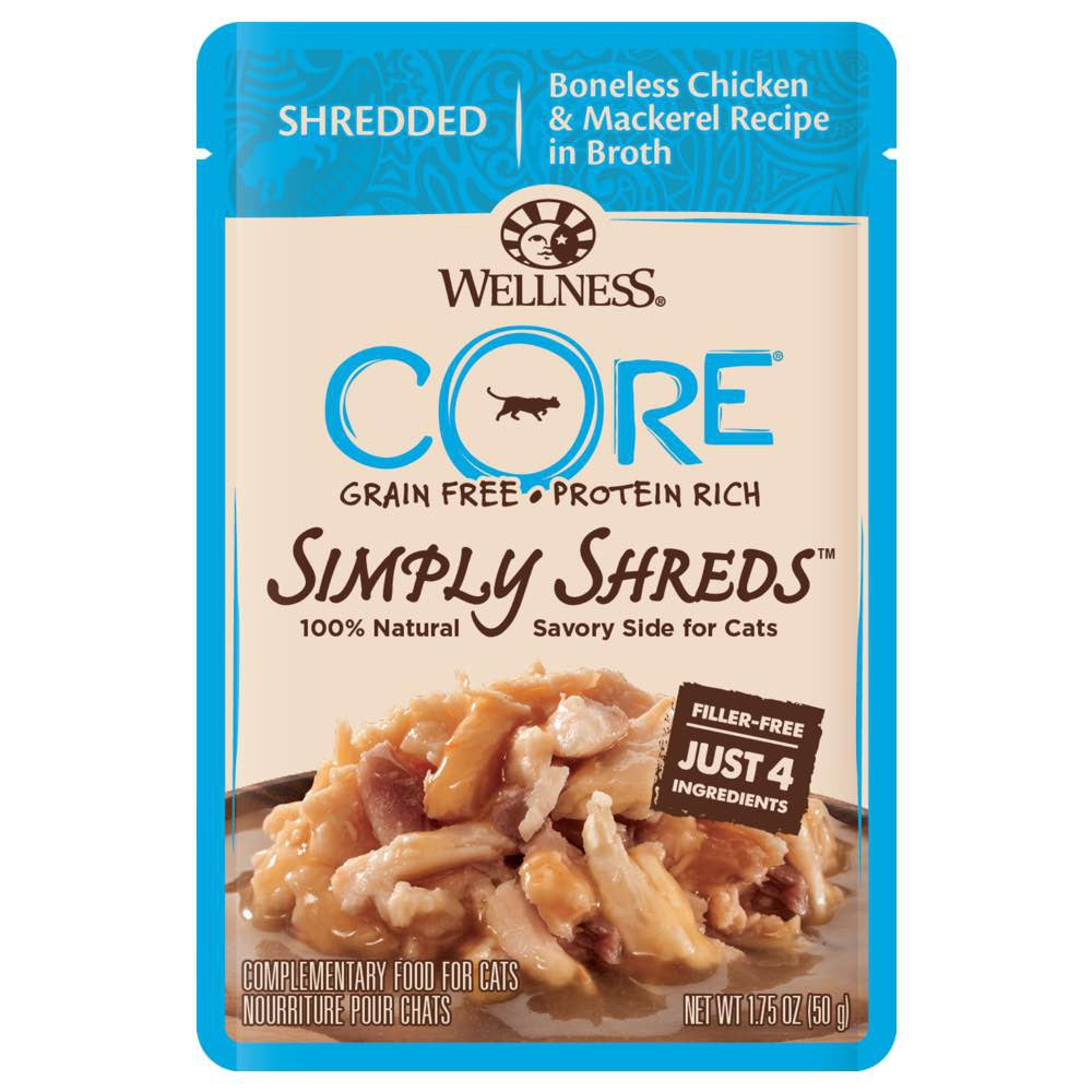 BUY 3 GET 1 FREE: Wellness CORE Simply Shreds Boneless Chicken & Mackerel Pouch Cat Food 1.75oz - Kohepets