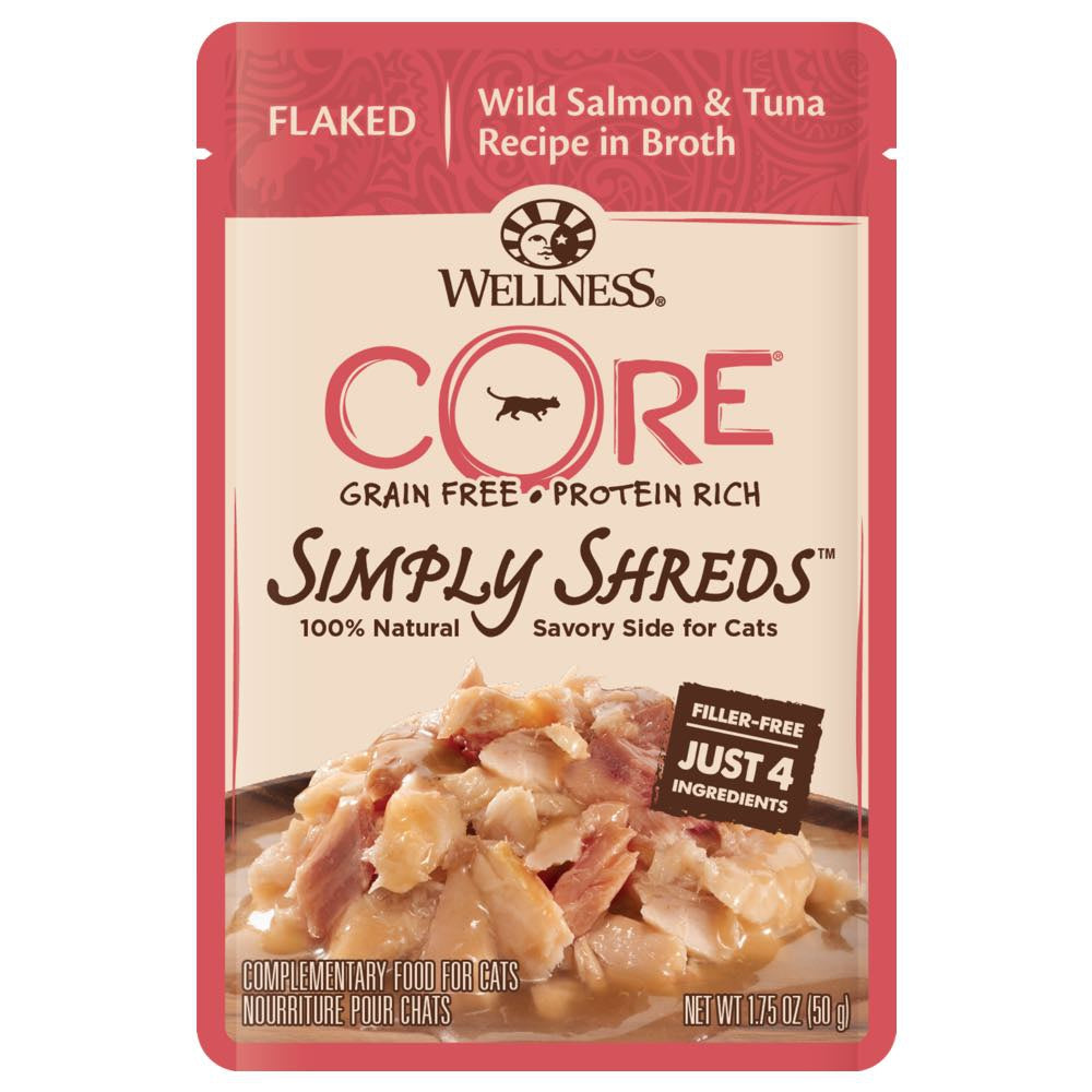 BUY 3 GET 1 FREE: Wellness CORE Simply Shreds Wild Salmon & Tuna Pouch Cat Food 1.75oz - Kohepets
