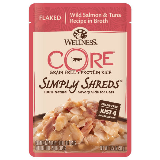 BUY 3 GET 1 FREE: Wellness CORE Simply Shreds Wild Salmon & Tuna Pouch Cat Food 1.75oz - Kohepets