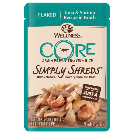 BUY 3 GET 1 FREE: Wellness CORE Simply Shreds Wild Tuna & Shrimp Pouch Cat Food 1.75oz - Kohepets