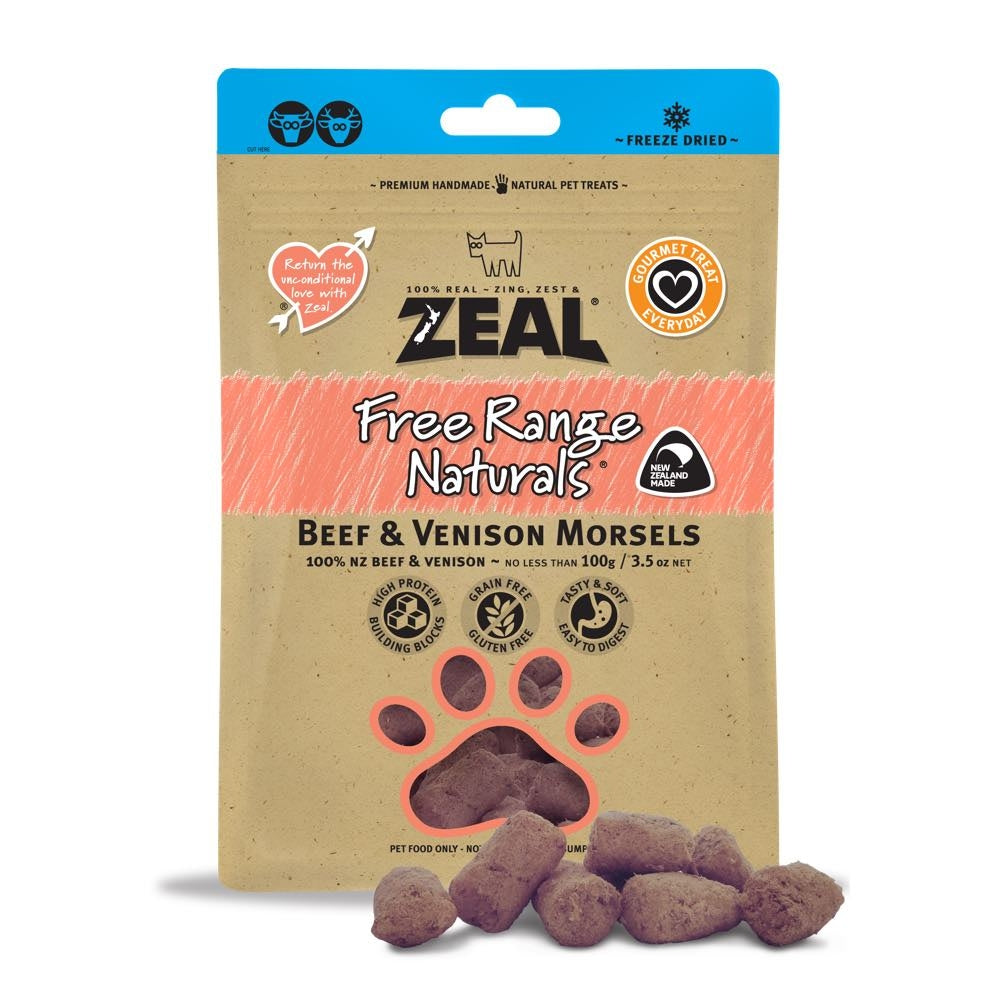 BUY 2 GET 1 FREE: Zeal Free Range Naturals Beef & Venison Morsels Dog Treats 100g - Kohepets