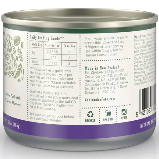 15% OFF: Zealandia Wild Venison Pate Grain-Free Adult Canned Dog Food 185g