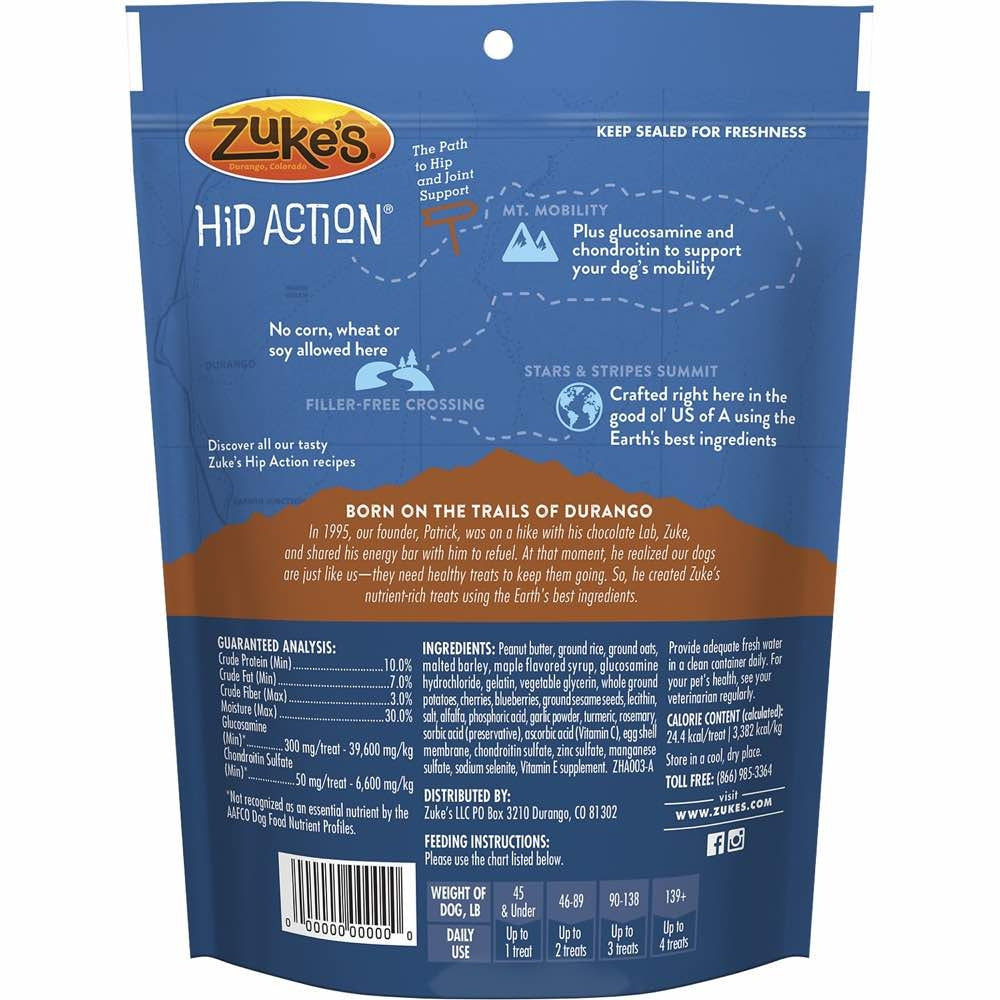 Zuke's Hip Action Dog Treats With Glucosamine & Chondroitin Peanut Butter & Oats Recipe 6oz - Kohepets